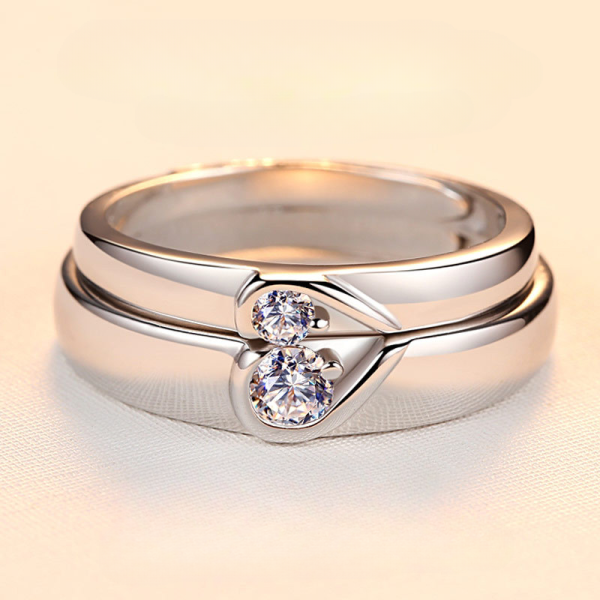 Matching Heart Moissanite Couple Wedding Rings In Silver, matching design