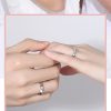 Matching Heart Moissanite Couple Wedding Rings In Silver, wear view image, adjustable size open ring, heart design, Up to 8 characters can be engraved on the inside of the ring