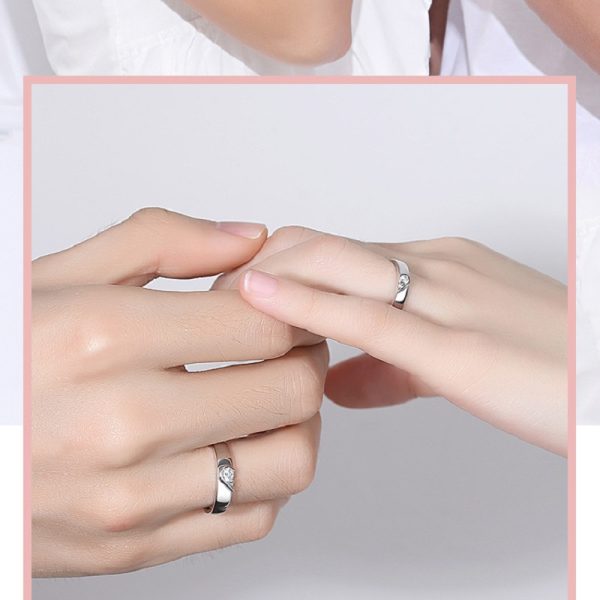 Matching Heart Moissanite Couple Wedding Rings In Silver, wear view image, adjustable size open ring, heart design, Up to 8 characters can be engraved on the inside of the ring