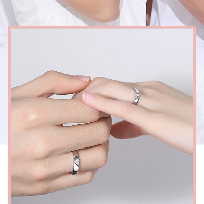 Matching Heart Moissanite Silver Rings for Couples, wear view image, adjustable size open ring, heart design, Up to 8 characters can be engraved on the inside of the ring