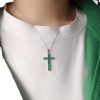 Natural Emerald 925 Sterling Silver Cross Pendant Necklace, necklace length 45cm,