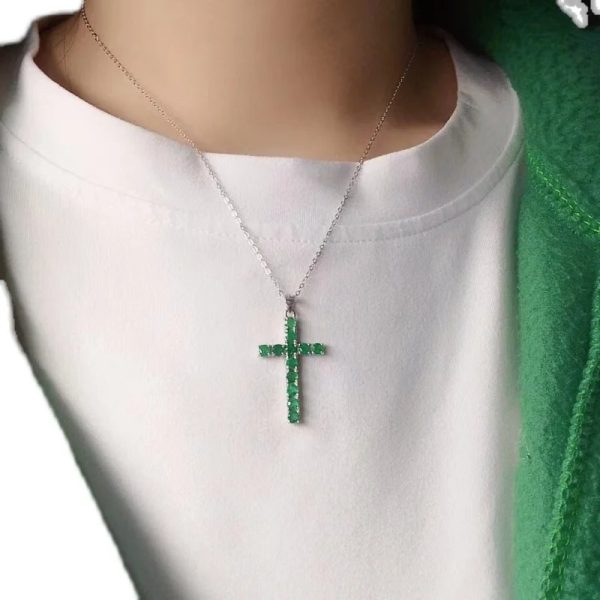 Natural Emerald 925 Sterling Silver Cross Pendant Necklace, necklace length 45cm,