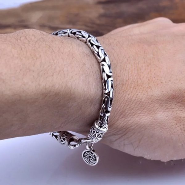 Real Solid S925 Sterling Silver Good Luck Bracelet For Men, width 7mm