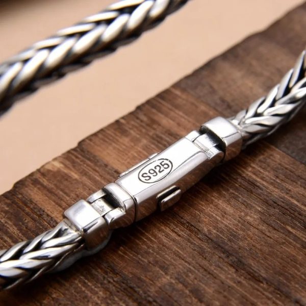 S925 Silver Handmade Woven Retro Style Personality Man Bracelets, bracelet clasp detail view