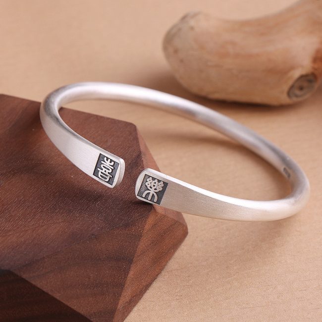 Simple Frosted 999 Silver Bangle Bracelet, Surface frosting treatment,, open cuff bangle, adjustable size