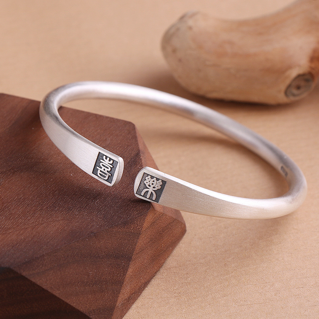 Simple Frosted 999 Silver Bangle Bracelet, Surface frosting treatment,, open cuff bangle, adjustable size