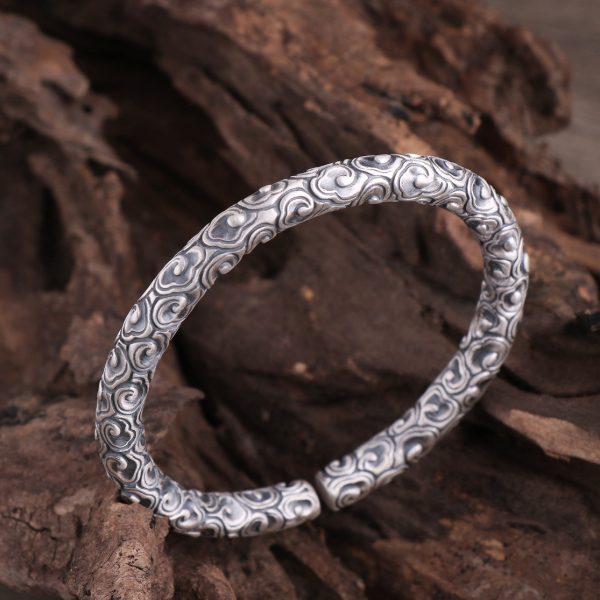 silver open cuff bangle for men, made of 999 sterling silver, Clouds carved on the surface of the bracelet