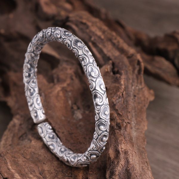 Mens Silver Bangle with Engraving Lucky Cloud, made of 999 sterling silver, weight about 63g, open cuff bangle, adjustable size