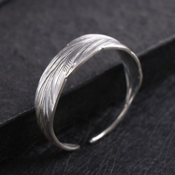 Sterling Silver Feather Bangle For Women, surface wide about 15.2mm, inner diameter about 57mm
