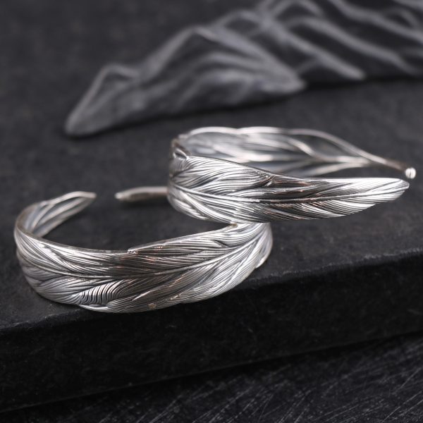 Feather shape Sterling Silver Bangle For Women, handmade adjustable size, open cuff bangle,