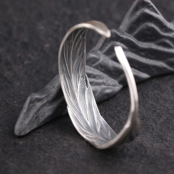 Sterling Silver Feather Bangle For Women, surface wide about 15.2mm