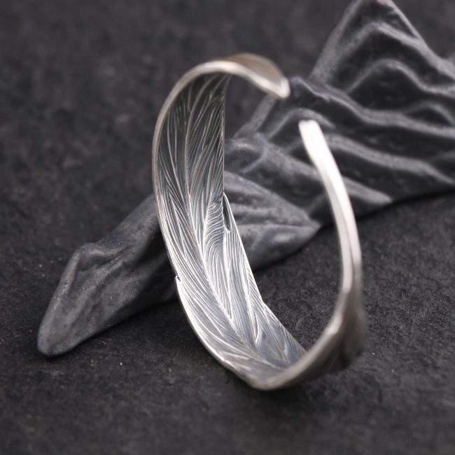 Sterling Silver Feather Bangle For Women, surface wide about 15.2mm