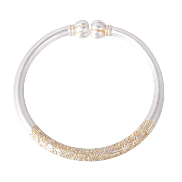 Sterling Silver Solid Round Bar Bangle Bracelet, surface engraving pattern