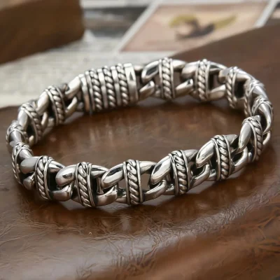 Personality Retro Woven Pattern 925 silver bracelet for men, handmade of 925 sterling silver,