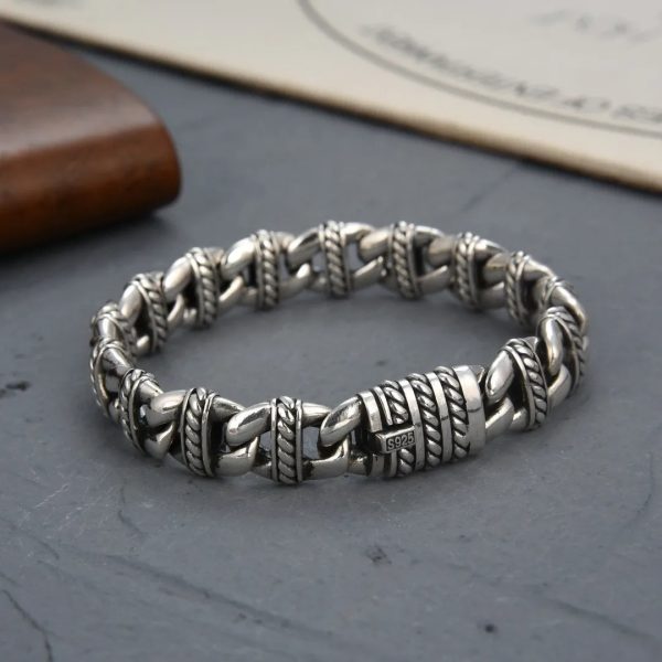 Personality Retro Woven Pattern 925 Silver Bracelet For Men, handmade of 925 sterling silver,