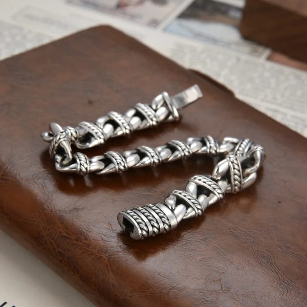 925 Silver Personality Retro Woven Pattern Bracelet For Men, detail view image
