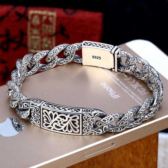 Vintage relief auspicious pattern 925 silver bracelet for men, 5size available