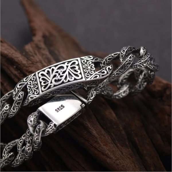 925 Silver Vintage Relief Auspicious Pattern Man Bracelet back view
