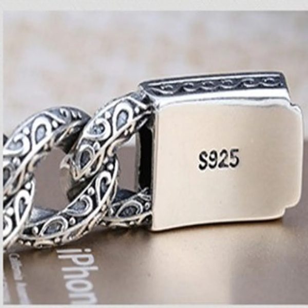 925 Silver Vintage Relief Auspicious Pattern Man Bracelet, chain clasp detail