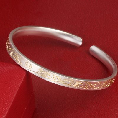 Golden Grass Pattern 999 Sterling Silver Bangles For Women, vintage craftsmanship, surface plated yellow gold
