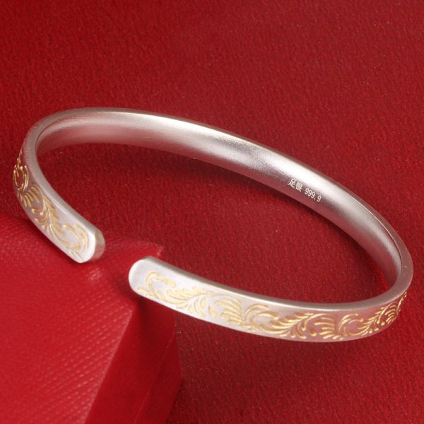 999 Sterling Silver Golden Grass Pattern Bangles For Women back