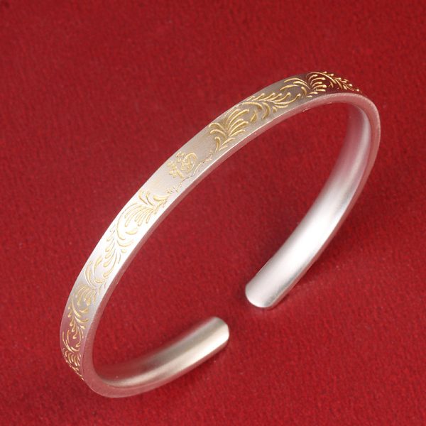 999 Sterling Silver Golden Grass Pattern Bangles For Women left view