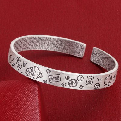 999 Sterling Silver Lucky Charm Bangles For Women, made of 999 sterling silver,handmade , open cuff design