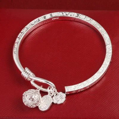 Peace Charm 999 Sterling Silver Bangles For Women, high quality handmade of 999 sterling silver