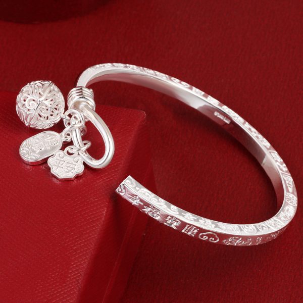 999 Sterling Silver Peace Charm Bangles For Women, open cuff pendant view