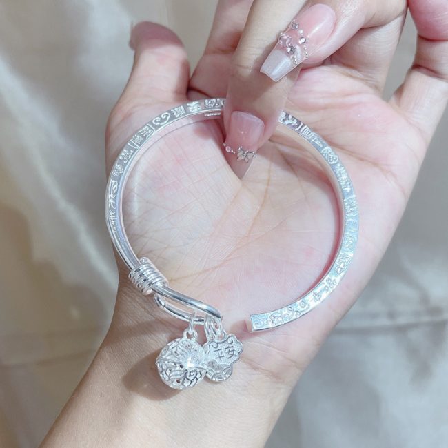 999 Sterling Silver Peace Charm Bangles For Women detail view