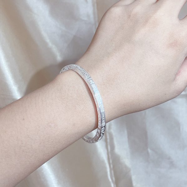 999 Sterling Silver Peace Charm Bangles For Women, width 4mm, thickness 4mm