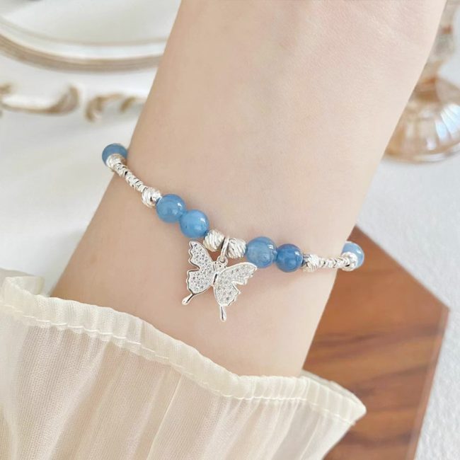 womens sterling silver bracelets with Aquamarine and silver butterfly