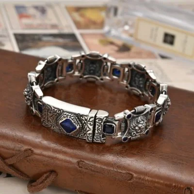Arabic Style Blue Diamond Lion S925 Sterling Silver Bracelet For Men, retro craftsmanship, high quality handmade of 925 sterling silver