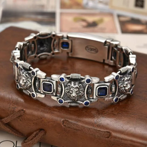 S925 Sterling Silver Arabic Style Blue Diamond Lion Bracelet For Men