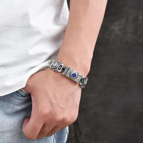 S925 Sterling Silver Arabic Style Blue Diamond Lion Bracelet For Men, men wear view