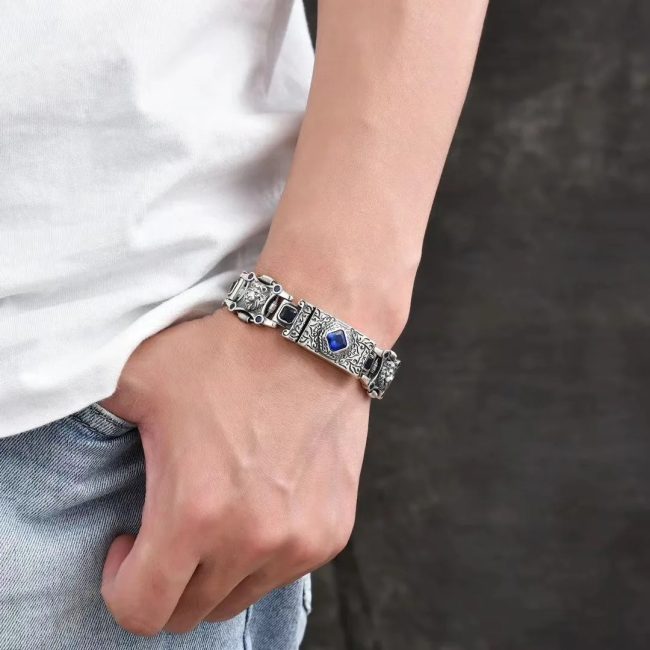 S925 Sterling Silver Arabic Style Blue Diamond Lion Bracelet For Men, men wear view
