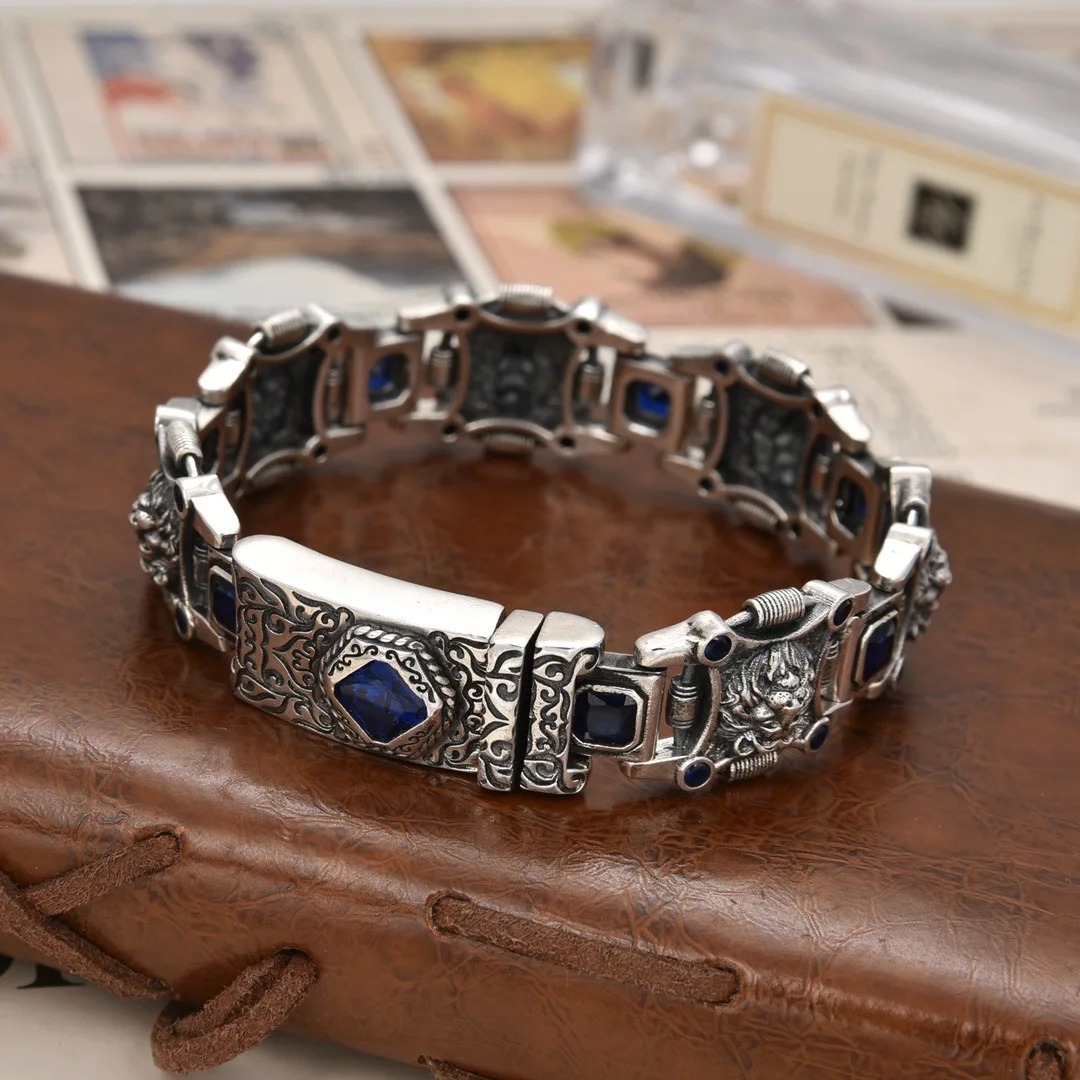 Arabic Style Blue Diamond Lion S925 Sterling Silver Bracelet For Men, retro craftsmanship, high quality handmade of 925 sterling silver