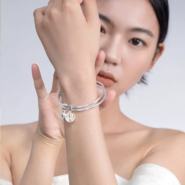 Gold Luck Sterling Silver Two Rings Bangle For Women video thumbnail