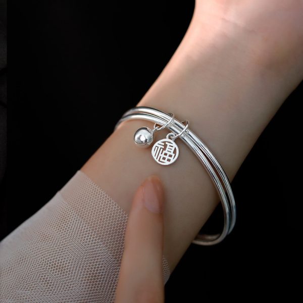 Good Luck Sterling Silver Two Rings Bangle For Women