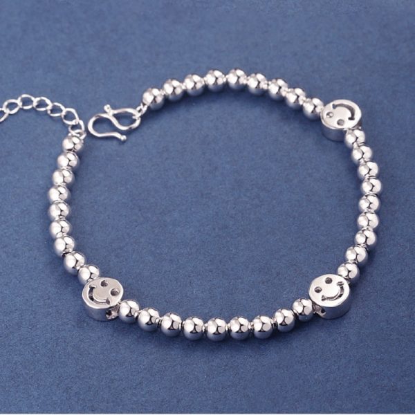 Happy Sterling Silver Smile Face & Bead Bracelet Women back