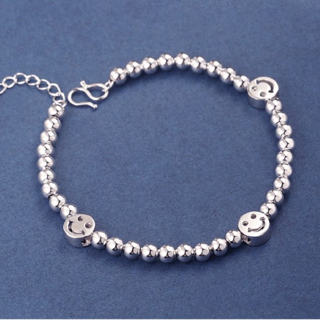 Happy Sterling Silver Smile Face & Bead Bracelet Women back
