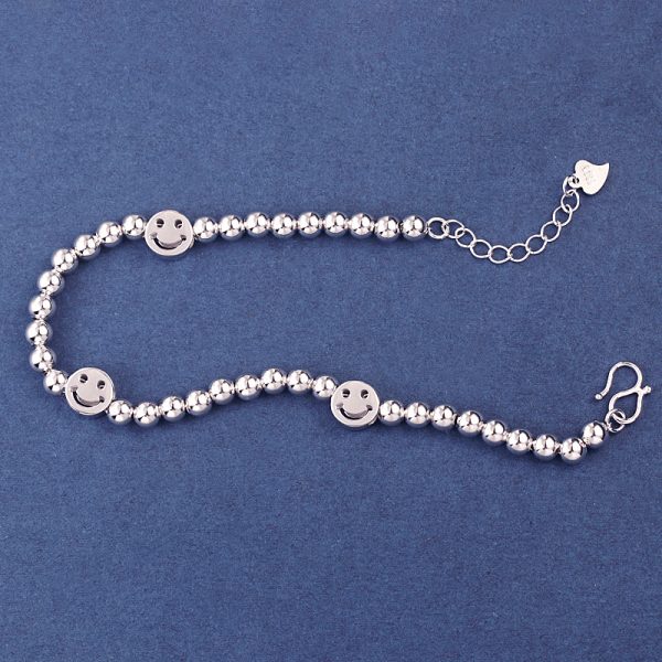 Happy Sterling Silver Smile Face & Bead Bracelet Women left