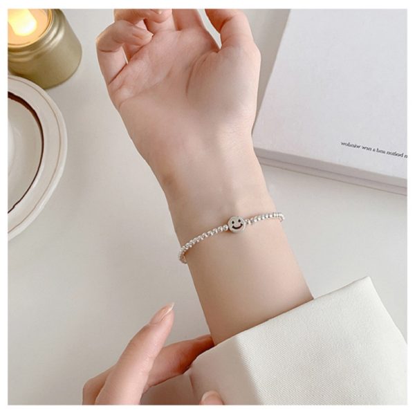 Happy Smile Face & Bead Sterling Silver Bracelet Women