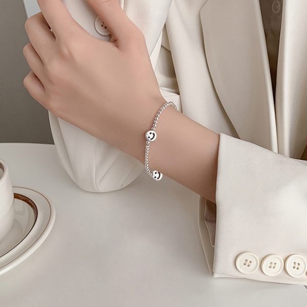 Happy Sterling Silver Smile Face & Bead Bracelet Women