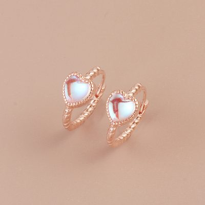 Heart Moon Stone Silver Hoop Earrings For Women
