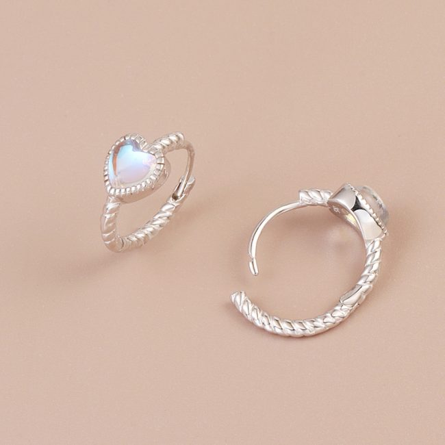 Heart Moon Stone Silver Hoop Earrings For Women