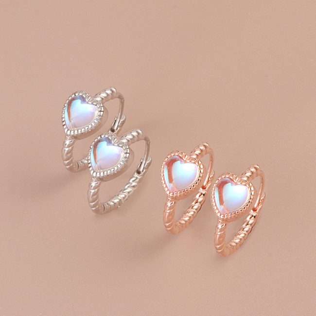 Heart Moon Stone Silver Hoop Earrings For Women