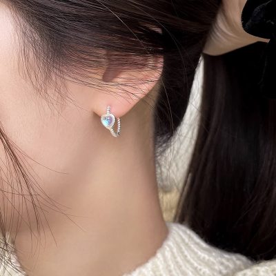 Heart Moon Stone Silver Hoop Earrings For Women wear view