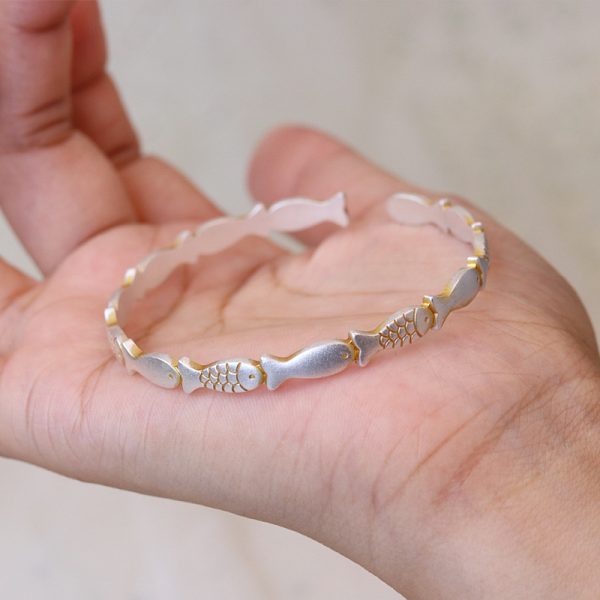 Picture of Lucky Charisma Small Fish Sterling Silver Bangle Bracelet detail