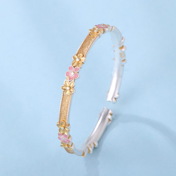 Pure Love Sterling Silver Cherry Blossoms Bangle Bracelet - Image 5